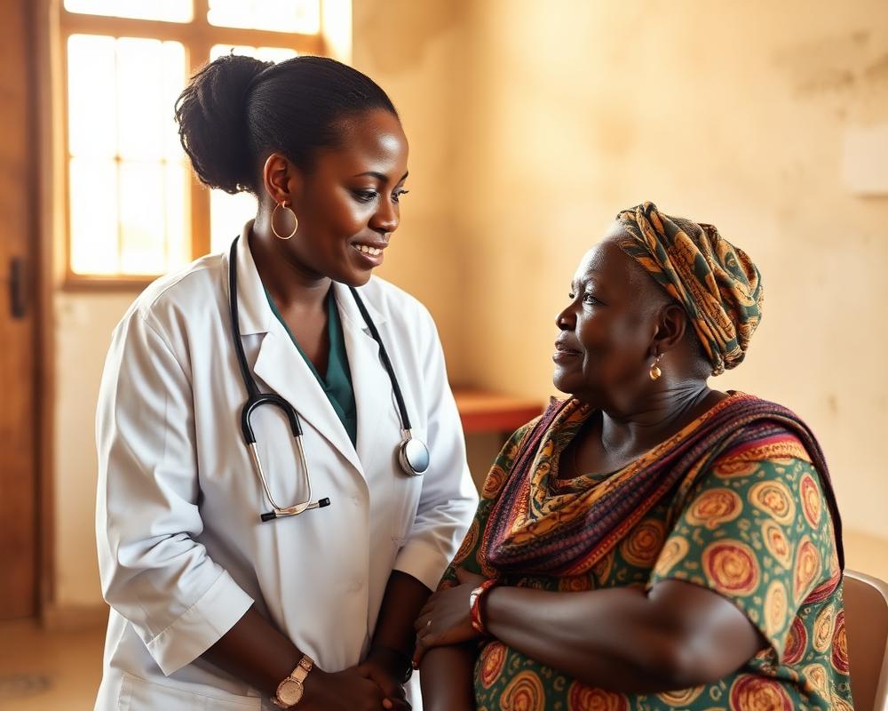 A Nigerian doctor speaking warmly with a patient in a community clinic setting.