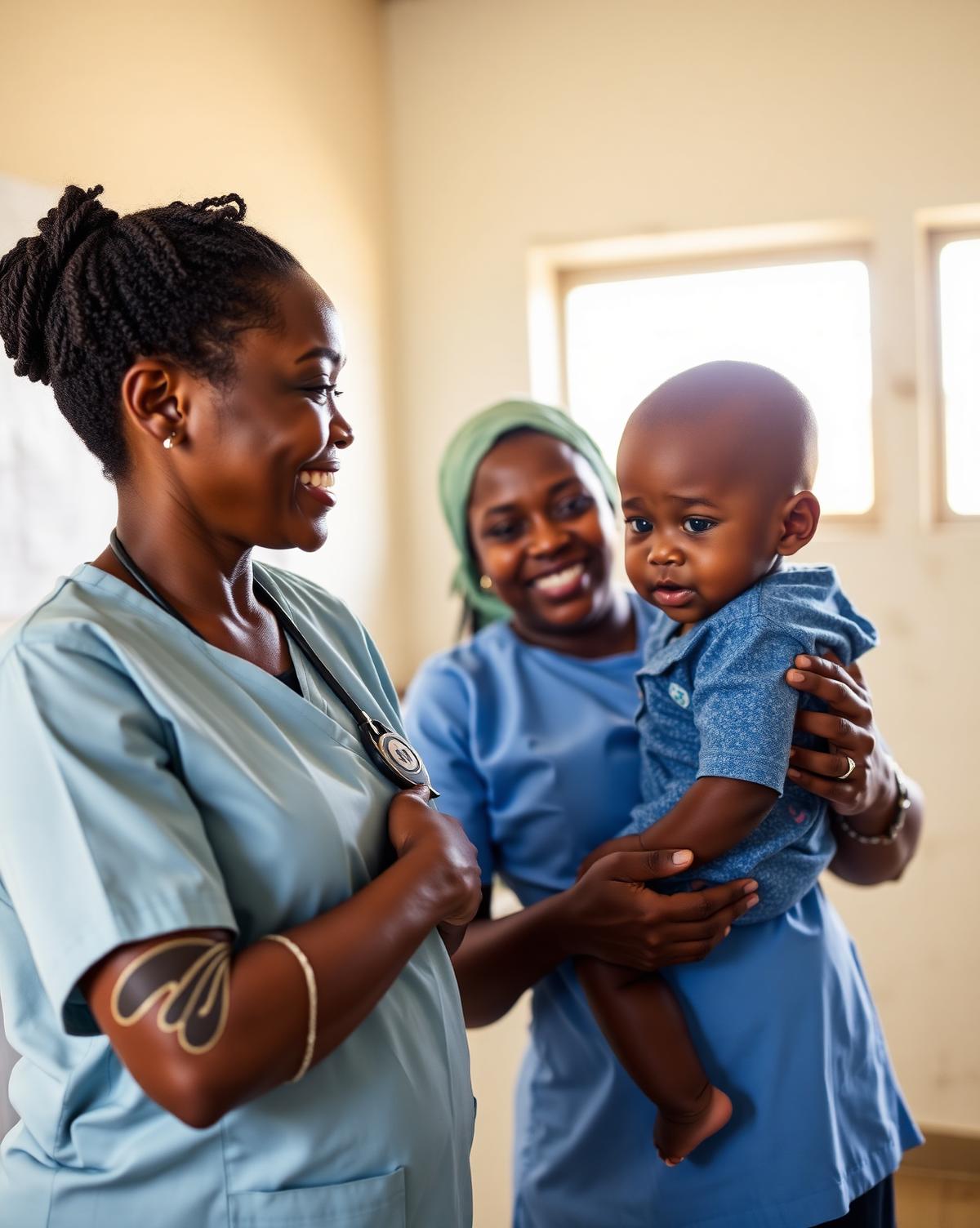 A Nigerian nurse listening kindly to a mother holding her young child at a community clinic.